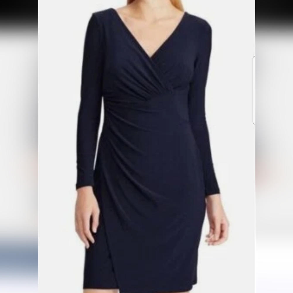 NWT- Chaps Womens Navy Blue V Neck Long Sleeve Jersey Knit Faux Wrap Dress Sz M